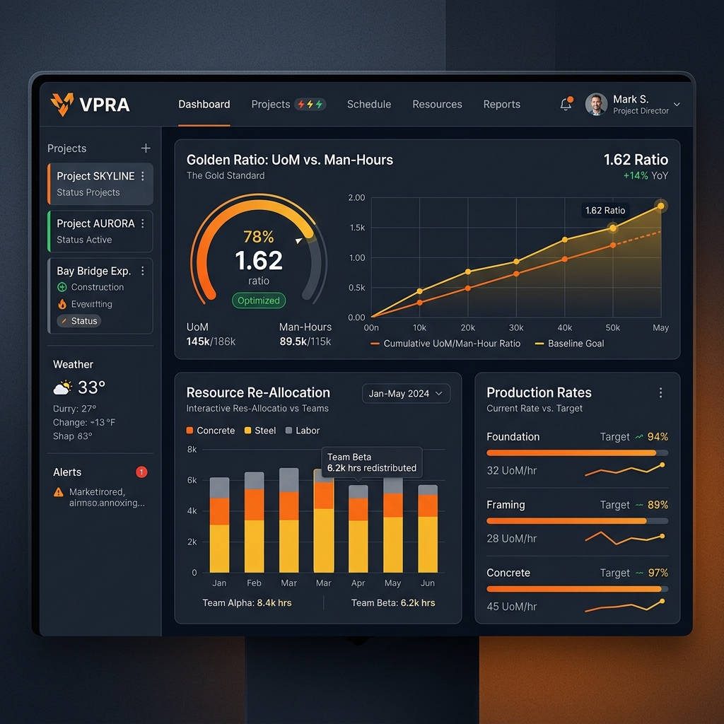 PayCrew VPRA dashboard showing production rates and Golden Ratio metrics